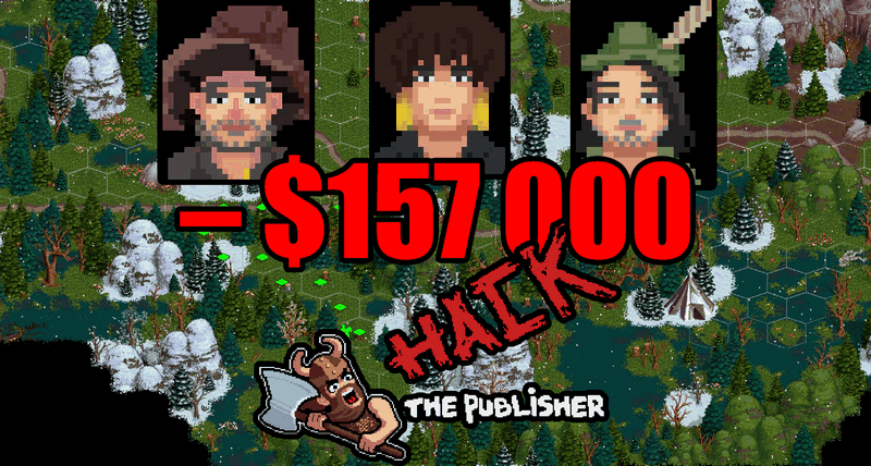 Скриншот Palm Kingdoms 3 с логотипом HackThePublisher, тремя аватарами главных преступников и красной надписью: -$157k